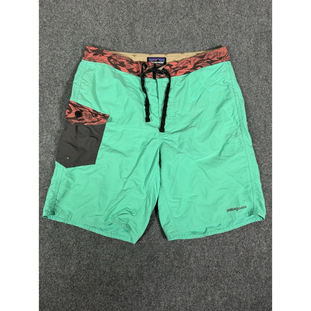 Patagonia Board Shorts Mens 32 Green Wavefarer Nylon Swim Trunks Unlined 9"